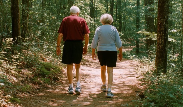 alt="A happy older couple walking outdoors, demonstrating the mobility and independence gained through healthy ageing support."